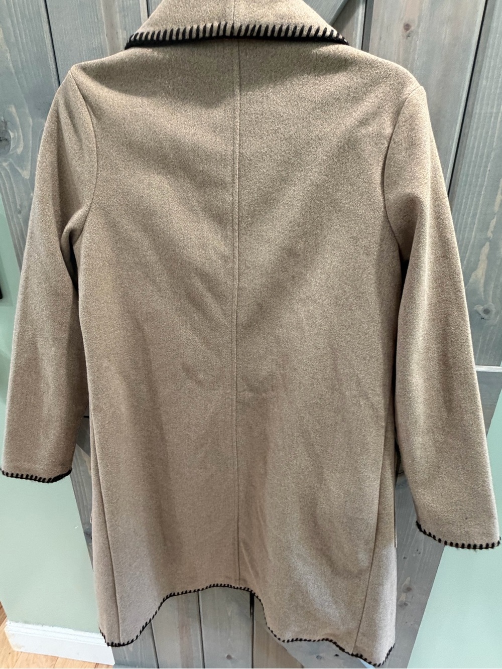 Joie Women’s M Taupe Long Open Front Sweater Coat Black Whipstitch Pockets - Picture 5 of 7
